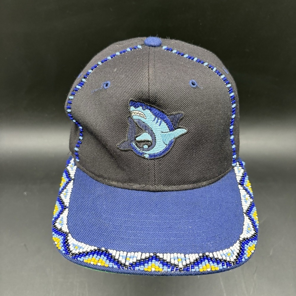 Sharky Hand Beaded Shark Embroidered Gray Snapback Hat Wool Blend
